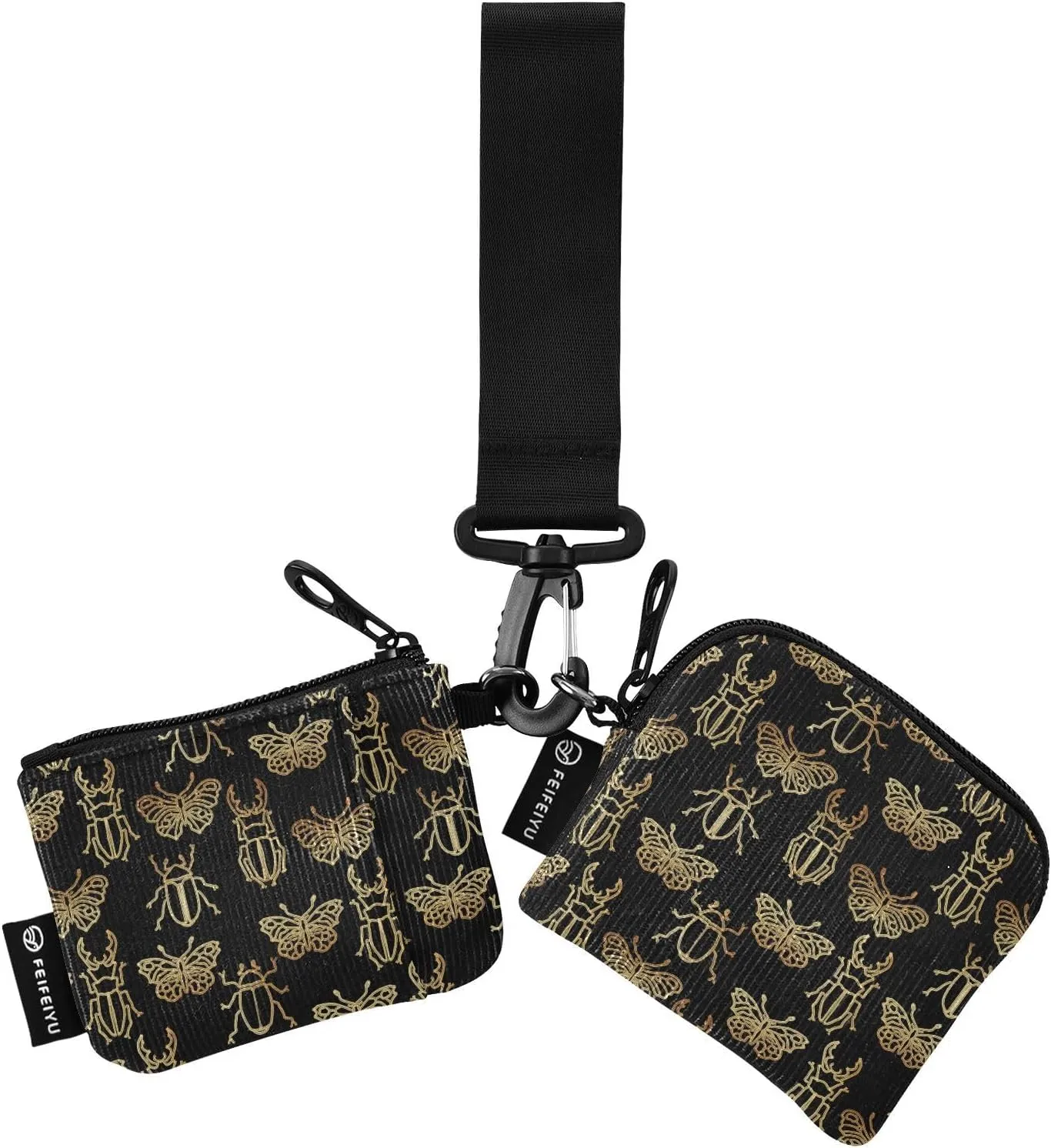 2PCS Coin Purse Wristlet Wallets Keychain Wallet Zip Around Portable Wallet with Detachable Dual Pouch Gold Insects