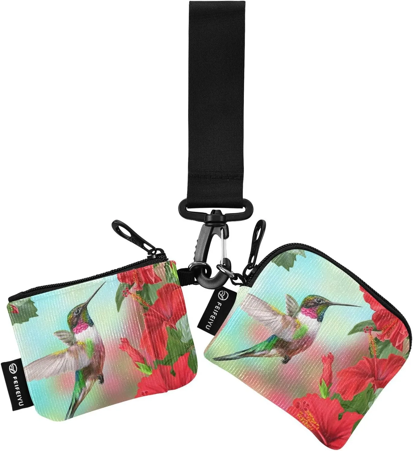 2PCS Coin Purse Wristlet Wallets Keychain Wallet Zip Around Portable Wallet with Detachable Dual Pouch Hummingbird Flower