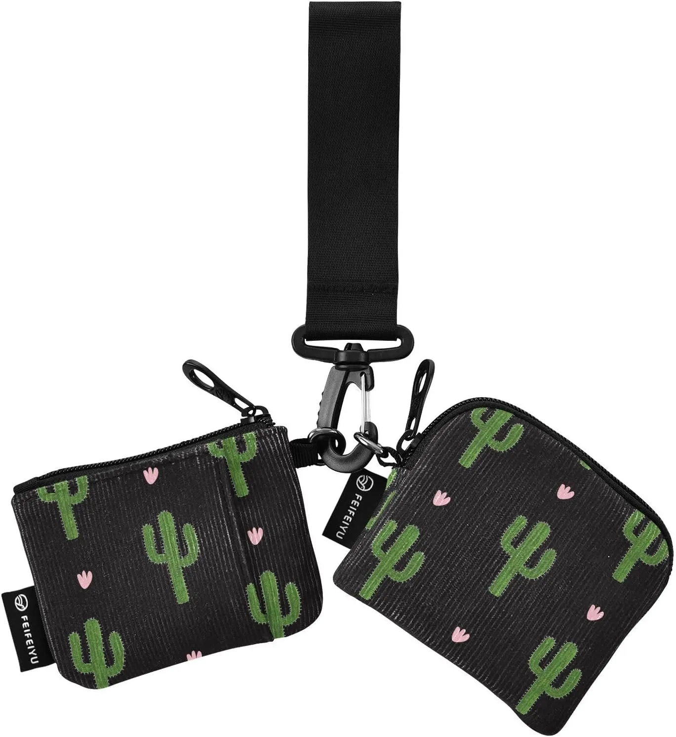 2PCS Coin Purse Wristlet Wallets Keychain Wallet Zip Around Portable Wallet with Detachable Dual Pouch Lovely Cactus