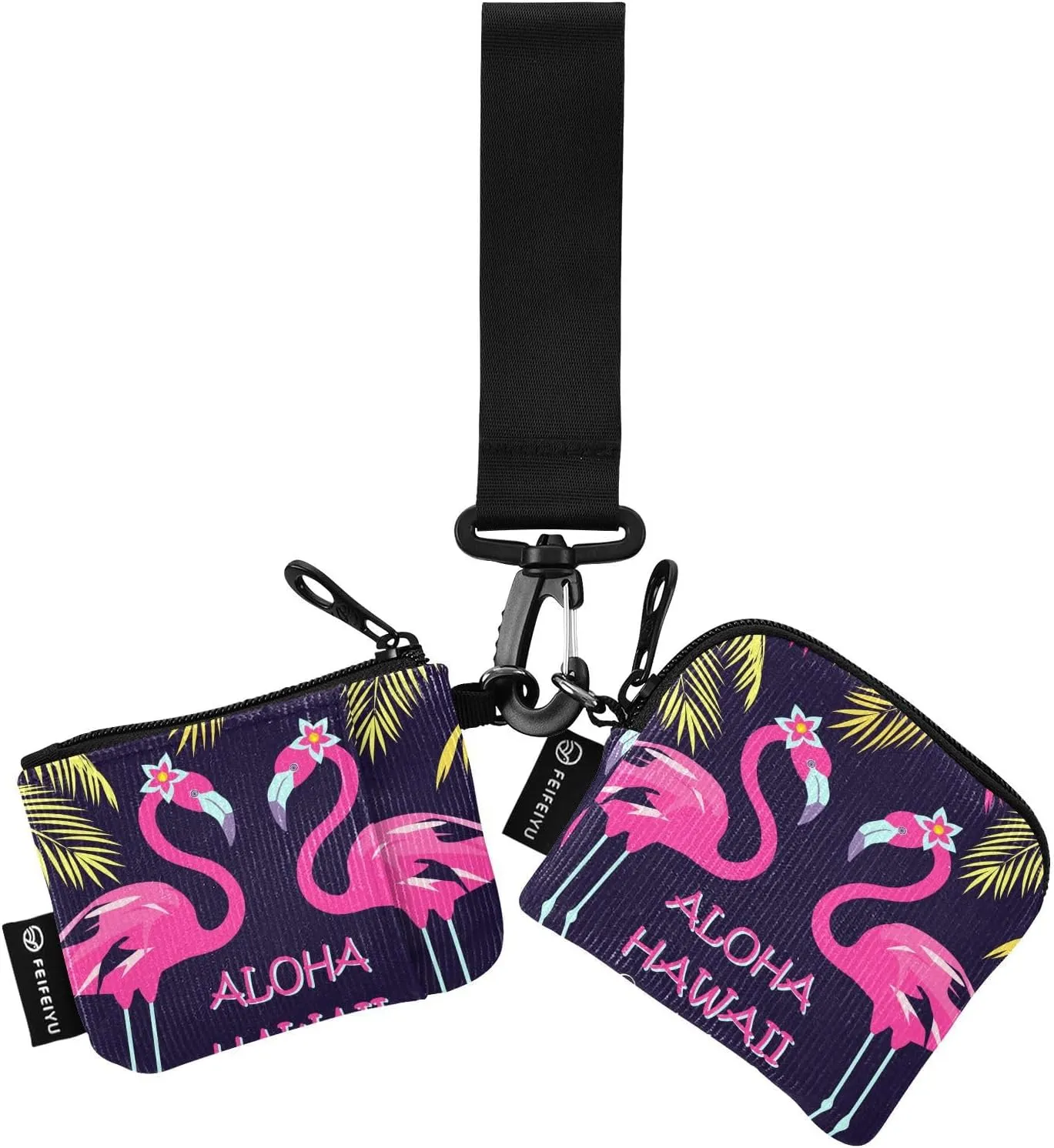 2PCS Coin Purse Wristlet Wallets Keychain Wallet Zip Around Portable Wallet with Detachable Dual Pouch Palm Leave Flamingo