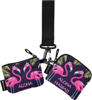 2PCS Coin Purse Wristlet Wallets Keychain Wallet Zip Around Portable Wallet with Detachable Dual Pouch Palm Leave Flamingo