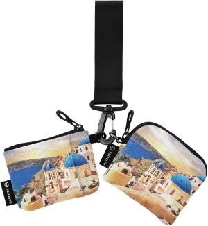 2PCS Coin Purse Wristlet Wallets Keychain Wallet Zip Around Portable Wallet with Detachable Dual Pouch Romantic Santorini Sunset