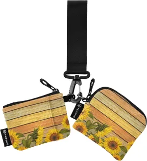 2PCS Coin Purse Wristlet Wallets Keychain Wallet Zip Around Portable Wallet with Detachable Dual Pouch Sunflower On Wooden Board