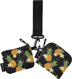 2PCS Coin Purse Wristlet Wallets Keychain Wallet Zip Around Portable Wallet with Detachable Dual Pouch Tropical Pineapples And Flowers