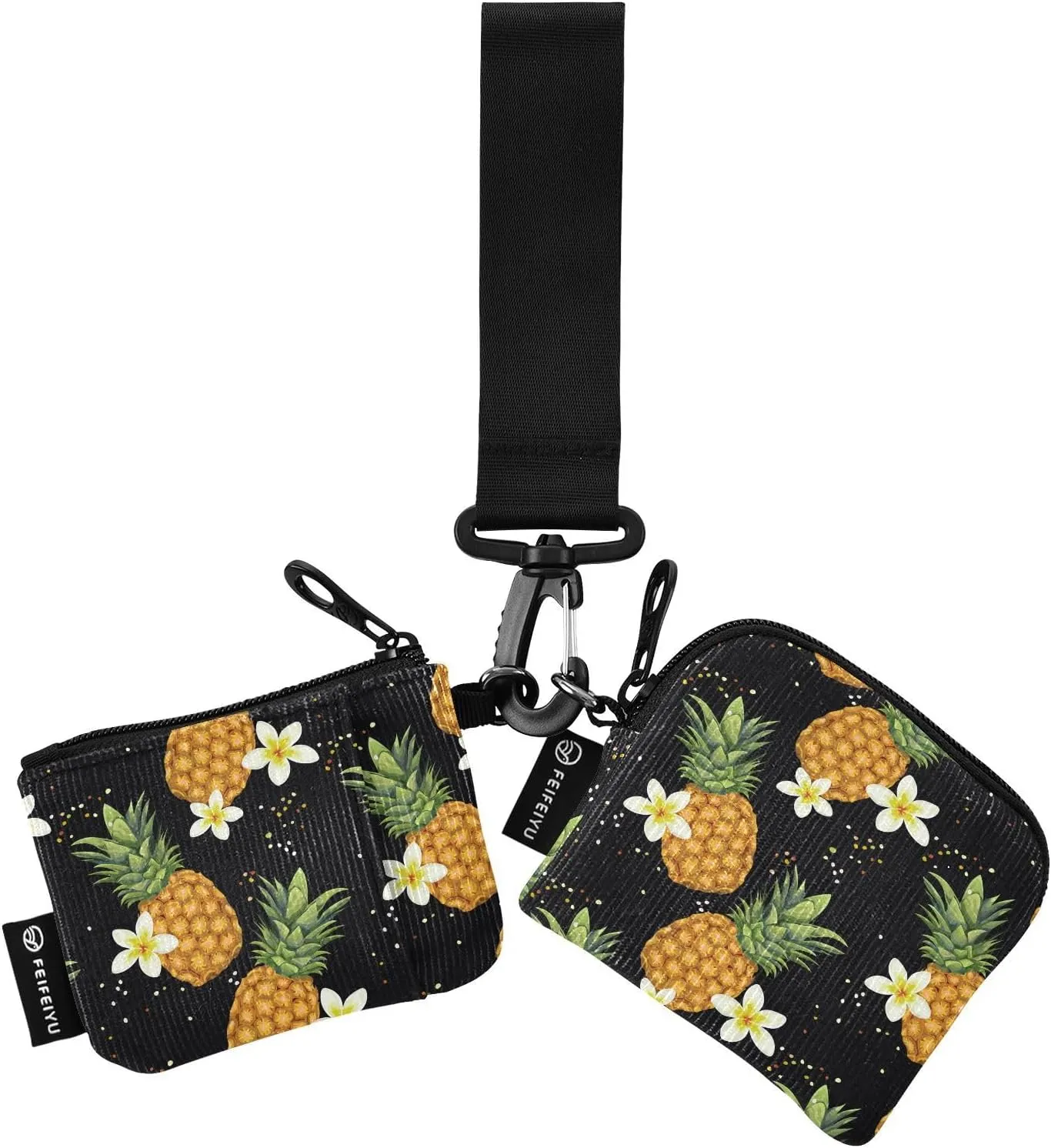 2PCS Coin Purse Wristlet Wallets Keychain Wallet Zip Around Portable Wallet with Detachable Dual Pouch Tropical Pineapples And Flowers