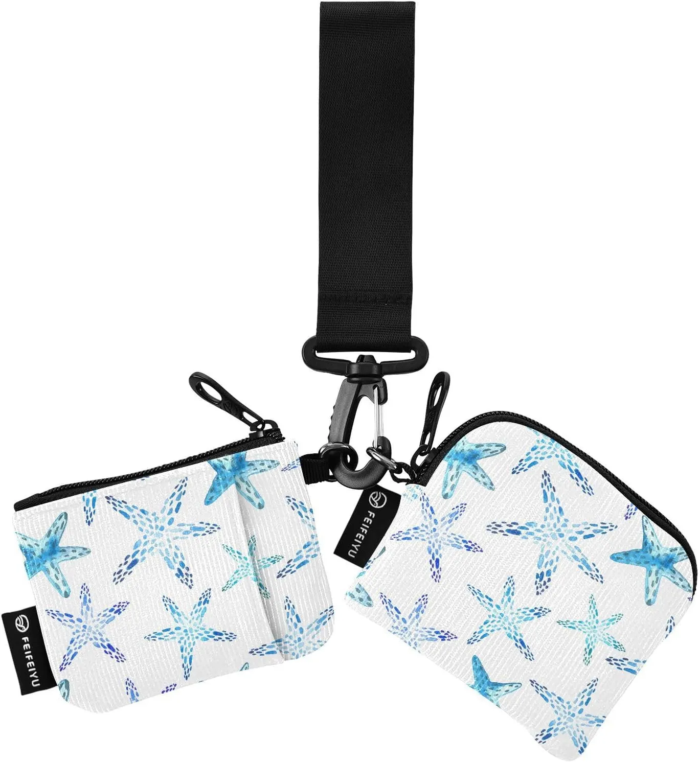 2PCS Coin Purse Wristlet Wallets Keychain Wallet Zip Around Portable Wallet with Detachable Dual Pouch Watercolor Starfish