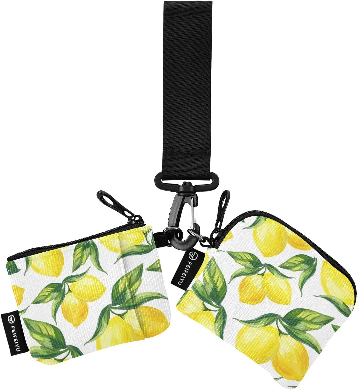 2PCS Coin Purse Wristlet Wallets Keychain Wallet Zip Around Portable Wallet with Detachable Dual Pouch Yellow Lemon Wreath