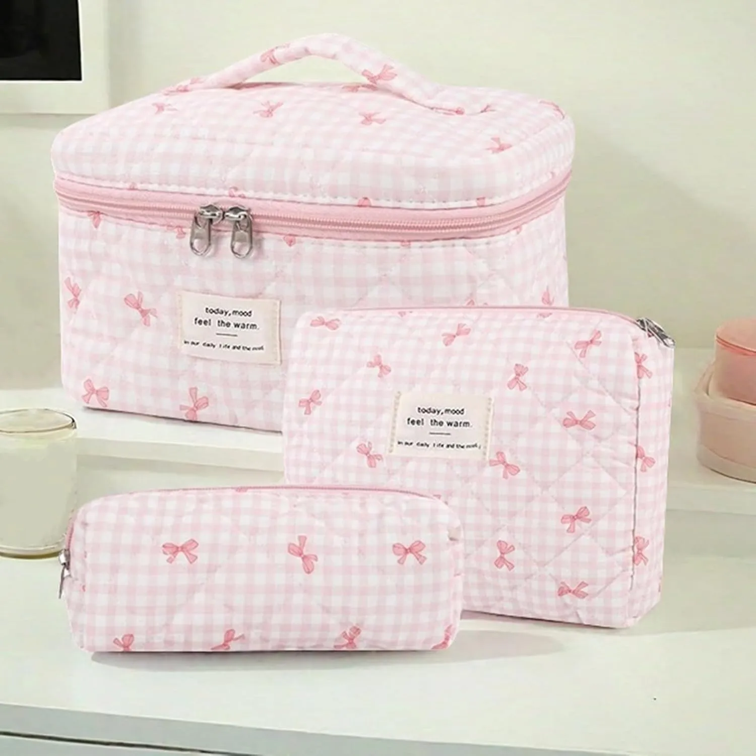 3 Pcs Quilted Makeup Bag Set, Bow, Coquette, Floral Make Up Bag - Large Toiletry Cosmetic Bags Organizer for Women & Girls (K-3PCS)