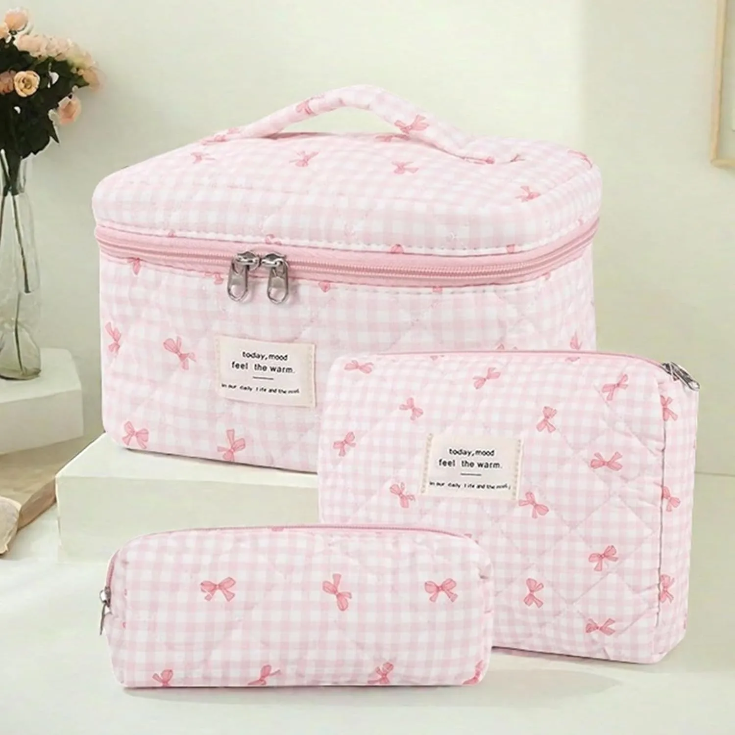 3 Pcs Quilted Makeup Bag Set, Bow, Coquette, Floral Make Up Bag - Large Toiletry Cosmetic Bags Organizer for Women & Girls (K-3PCS)