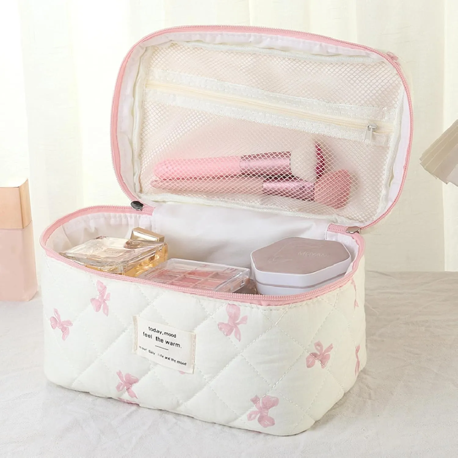 3 Pcs Quilted Makeup Bag Set, Bow, Coquette, Floral Make Up Bag - Large Toiletry Cosmetic Bags Organizer for Women & Girls (K-3PCS)