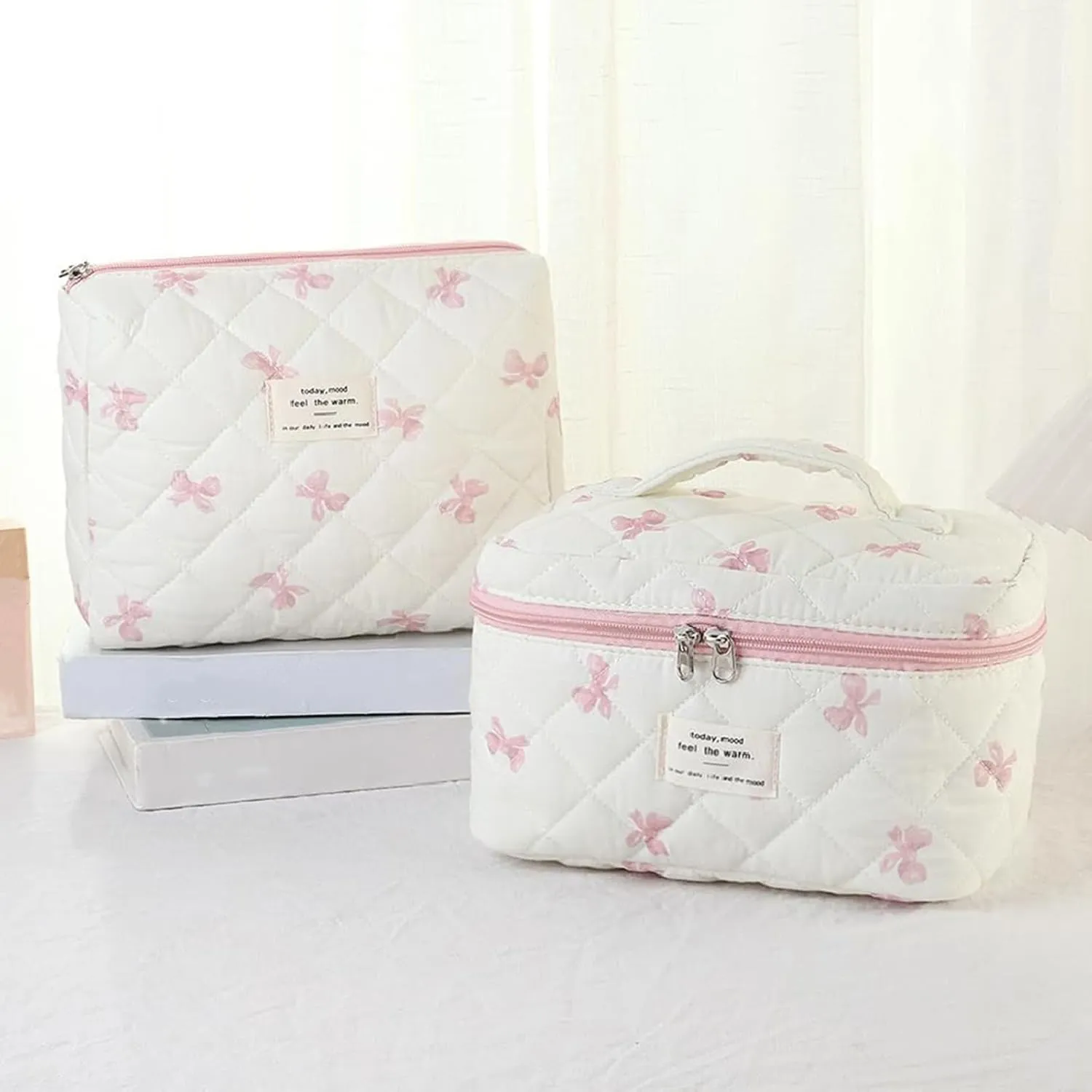 3 Pcs Quilted Makeup Bag Set, Bow, Coquette, Floral Make Up Bag - Large Toiletry Cosmetic Bags Organizer for Women & Girls (K-3PCS)