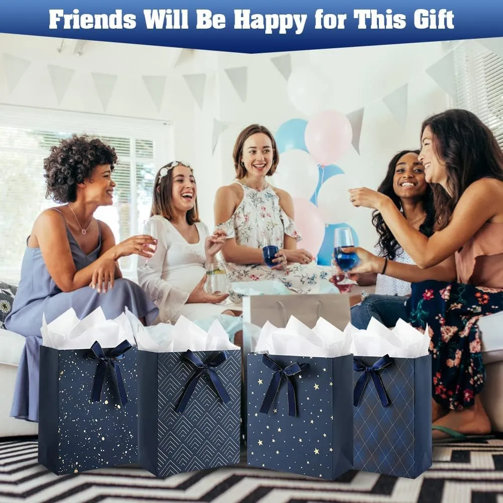4 Pack 9" Medium Size Gift Bags Assorted Premium Blue Gift Bags with Tissue Paper Use for Birthdays, Baby Shower,weddings,Party Favor, Holiday Presents-7" X 4" X 9"
