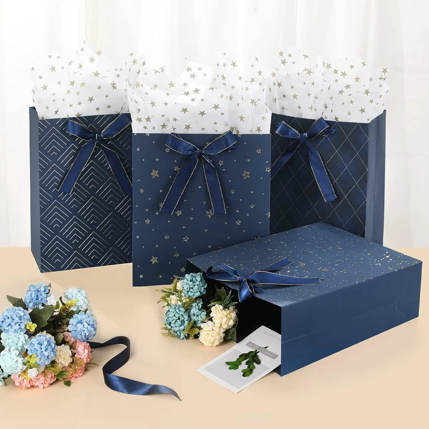 4 Pack 9" Medium Size Gift Bags Assorted Premium Blue Gift Bags with Tissue Paper Use for Birthdays, Baby Shower,weddings,Party Favor, Holiday Presents-7" X 4" X 9"