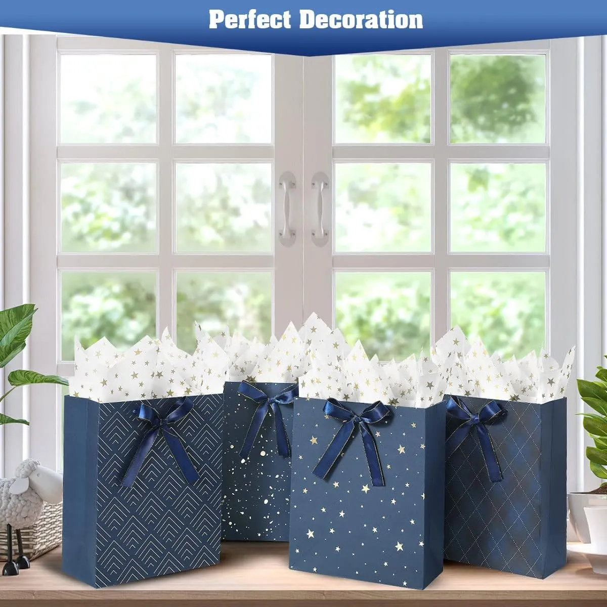 4 Pack 9" Medium Size Gift Bags Assorted Premium Blue Gift Bags with Tissue Paper Use for Birthdays, Baby Shower,weddings,Party Favor, Holiday Presents-7" X 4" X 9"