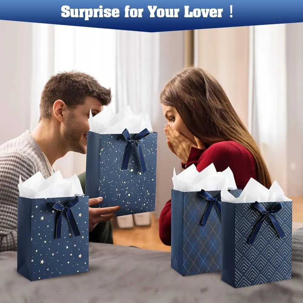 4 Pack 9" Medium Size Gift Bags Assorted Premium Blue Gift Bags with Tissue Paper Use for Birthdays, Baby Shower,weddings,Party Favor, Holiday Presents-7" X 4" X 9"