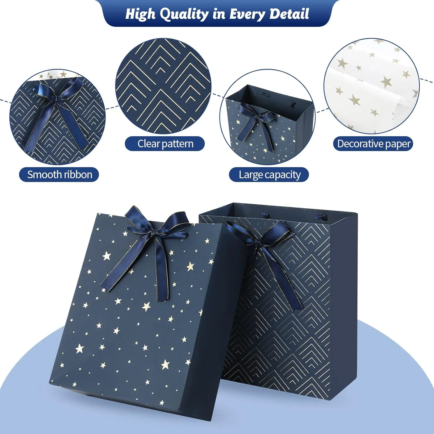 4 Pack 9" Medium Size Gift Bags Assorted Premium Blue Gift Bags with Tissue Paper Use for Birthdays, Baby Shower,weddings,Party Favor, Holiday Presents-7" X 4" X 9"