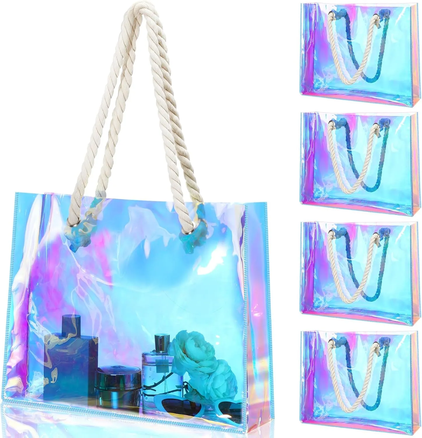 4 Pcs Large Holographic Clear Tote Bag Iridescent PVC with Rope Handles 11.8x15x4'' Stadium Approved Bag Waterproof Handbags for Concert Bridal Shower Bachelorette Party Wedding Gym Travel Beach