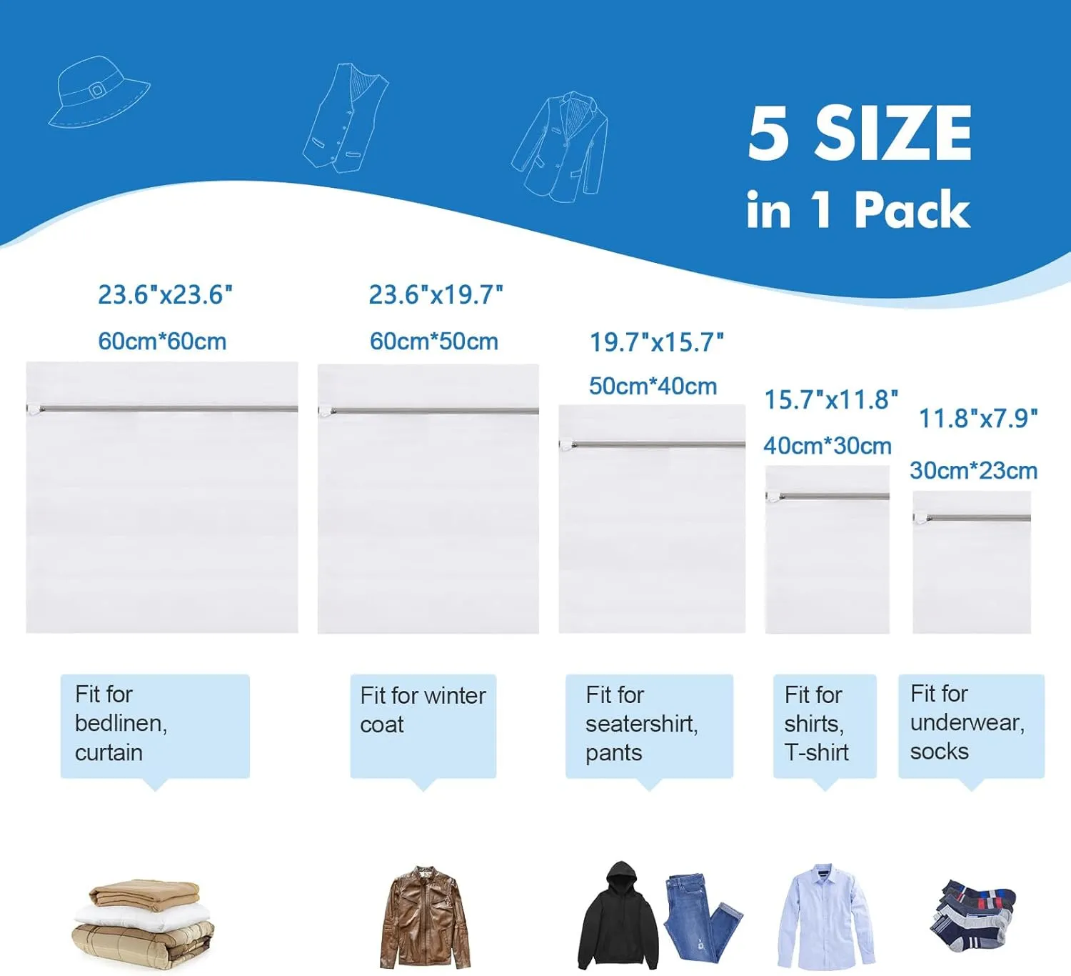 5Pcs Delicates Mesh Laundry Bags, Washing Machine Wash Bags,Lingerie Laundry Bags for Delicates Clothes, Hosiery, Underwear, Bed linen - 5 Size