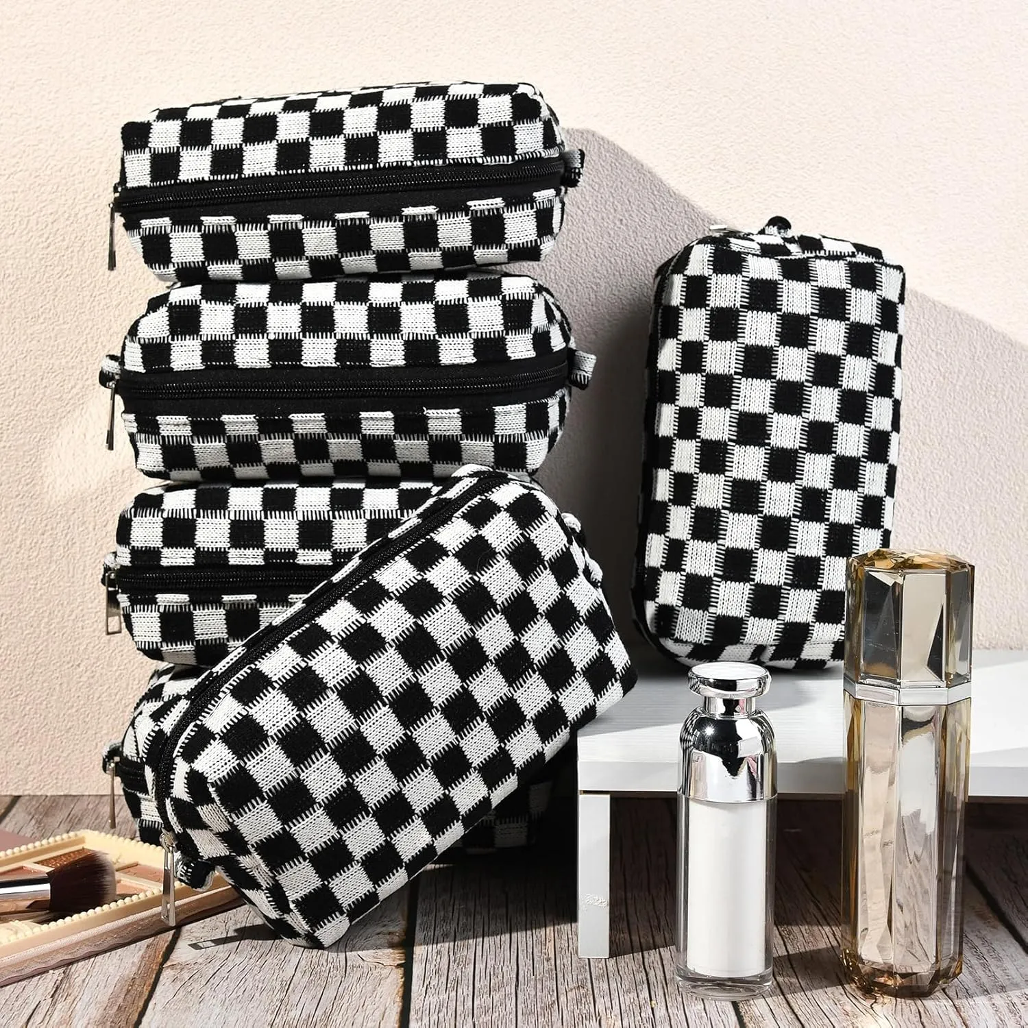 6 Pcs Preppy Makeup Bag Bulk Checkered Cosmetic Bag Black Makeup Pouch Personalize Travel Toiletry Bag Organizer Cute DIY Makeup Brushes Storage Bag for Women