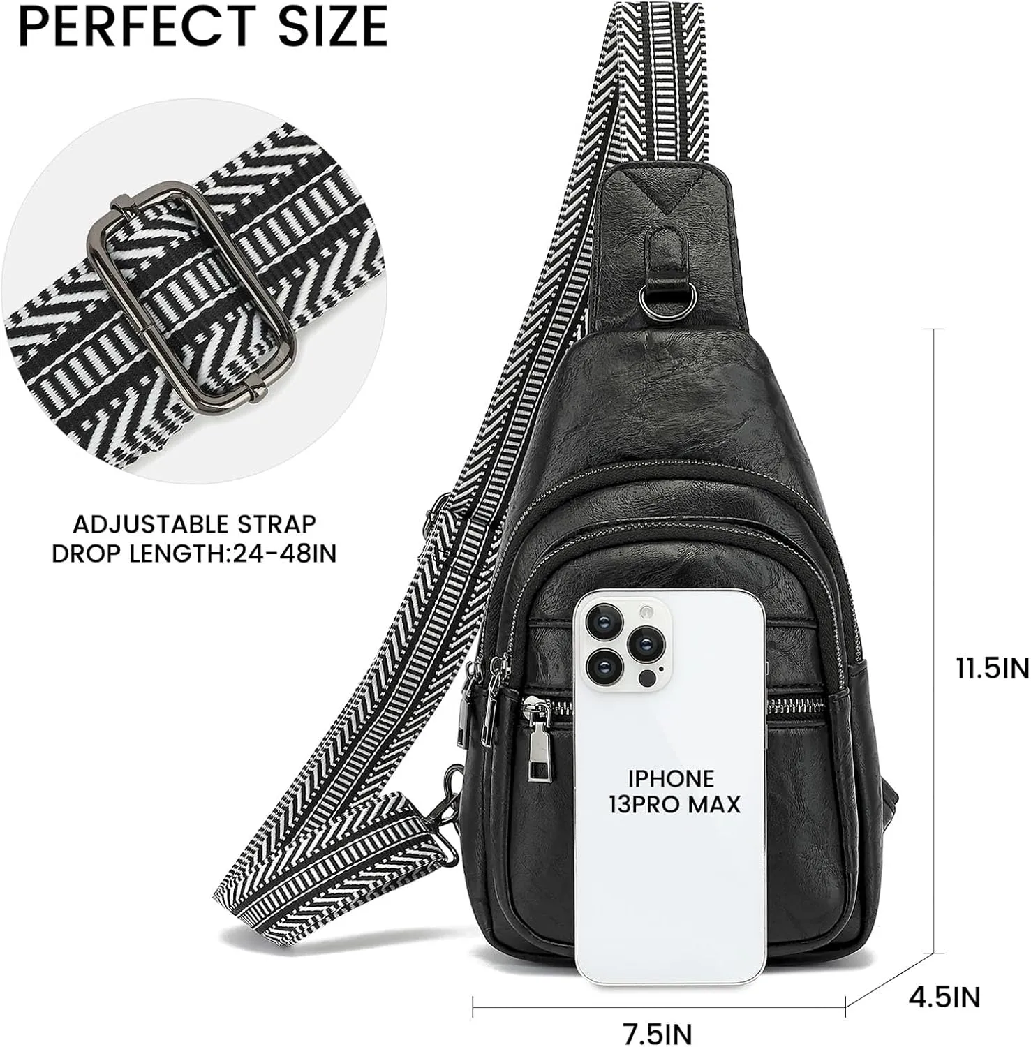 7L Sling Bags for Women Men Crossbody Bags Fanny Packs Chest Bags for Travel Sports Hiking Faux Leather Black