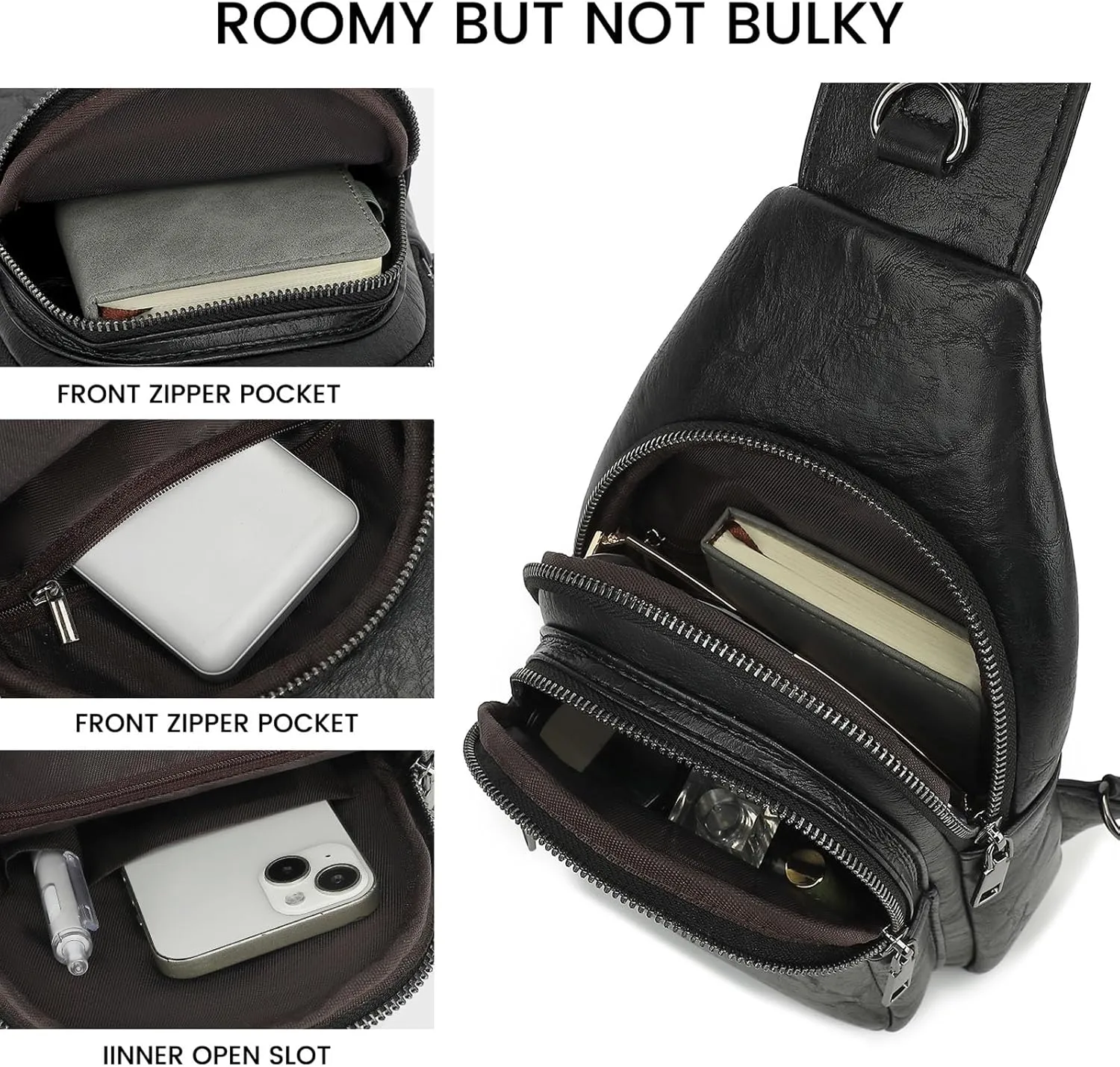 7L Sling Bags for Women Men Crossbody Bags Fanny Packs Chest Bags for Travel Sports Hiking Faux Leather Black