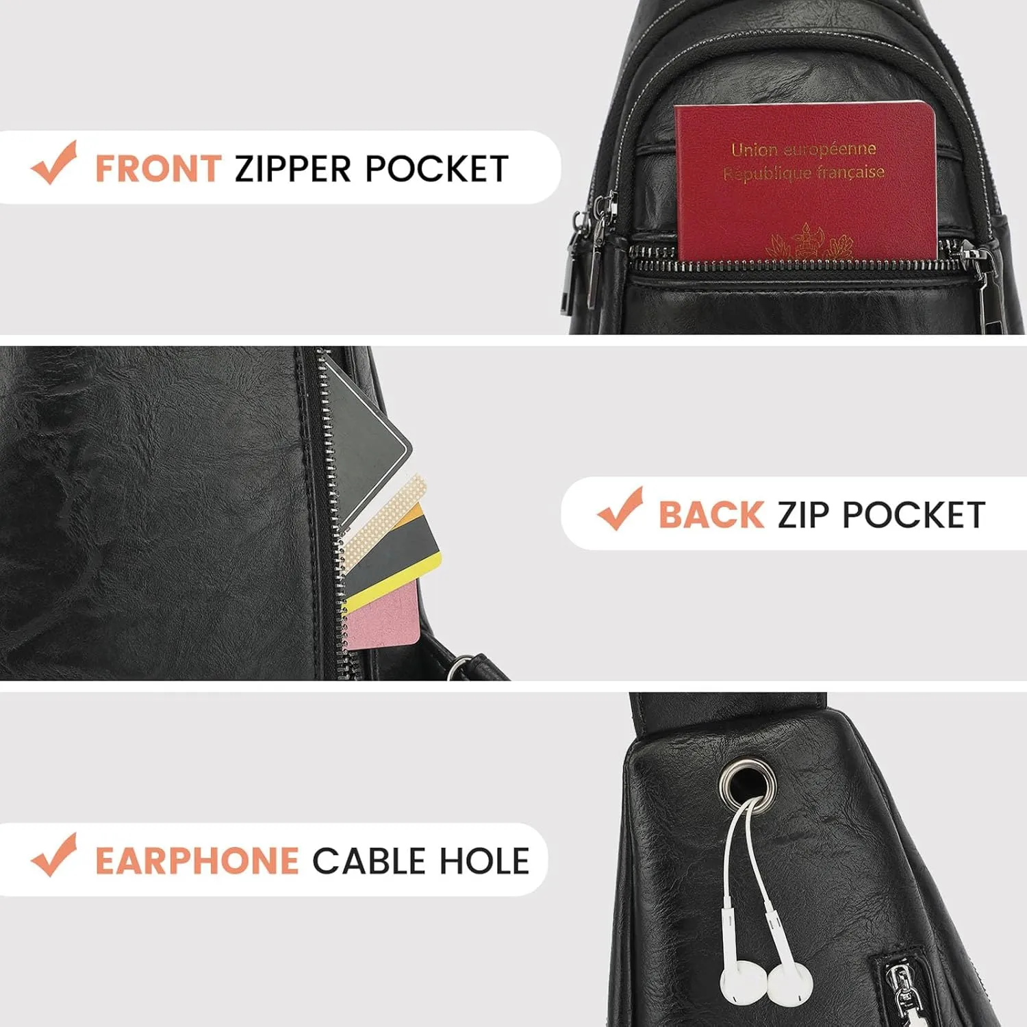 7L Sling Bags for Women Men Crossbody Bags Fanny Packs Chest Bags for Travel Sports Hiking Faux Leather Black