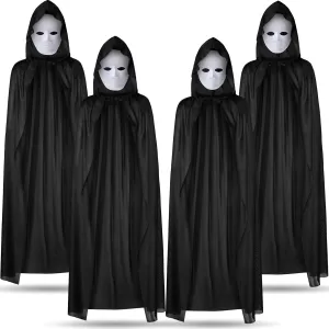 8 Pcs Black Cloak White Masks Sets Include 4 Adult Black Cloaks with Hood 4 Full Face Masks Invisible Cape Robe