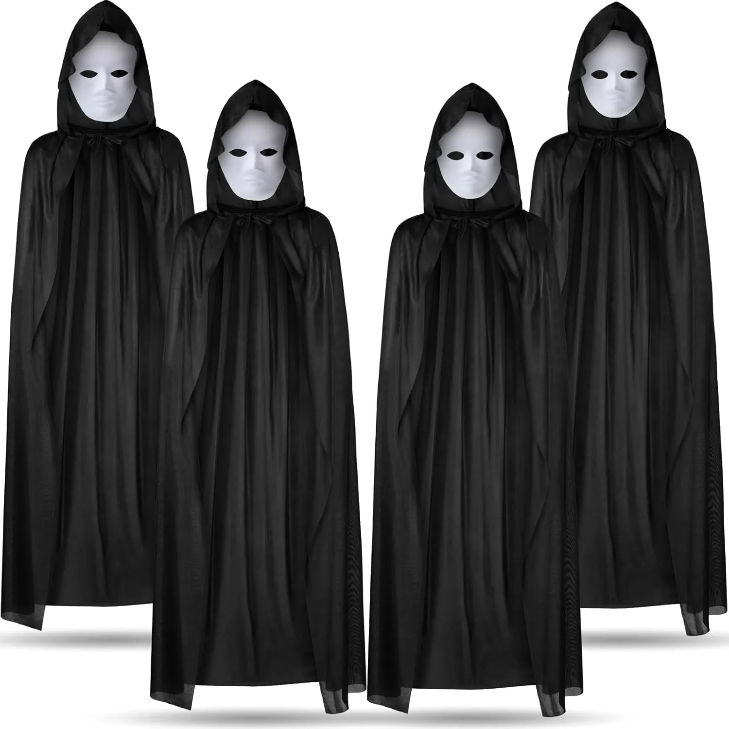 8 Pcs Black Cloak White Masks Sets Include 4 Adult Black Cloaks with Hood 4 Full Face Masks Invisible Cape Robe