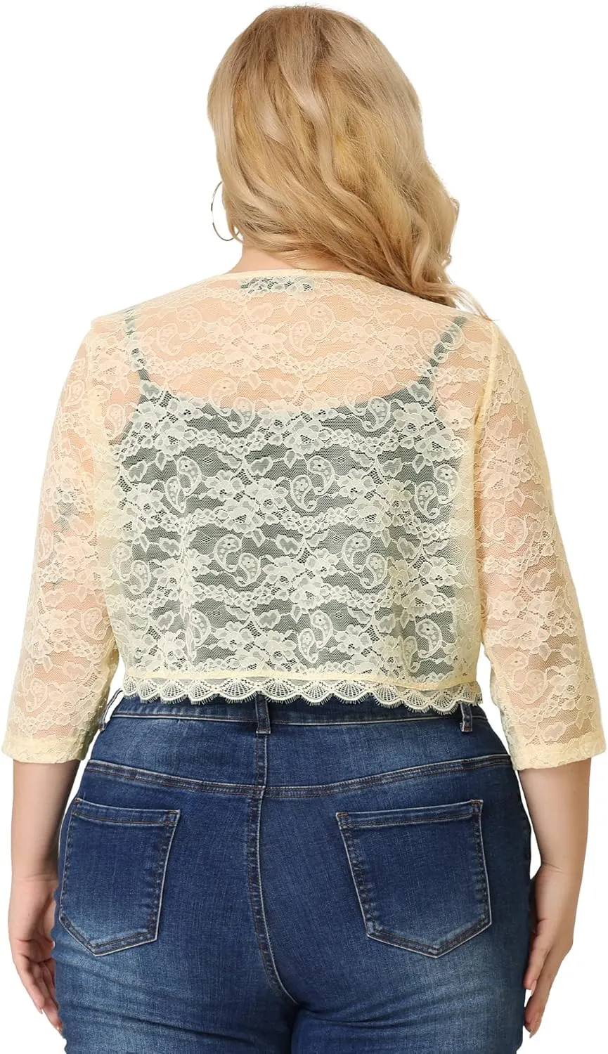 Agnes Orinda Bolero Cardigan for Women's Plus Size Office Tie Front Crop Floral Sheer Lace Shrug