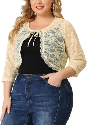 Agnes Orinda Bolero Cardigan for Women's Plus Size Office Tie Front Crop Floral Sheer Lace Shrug