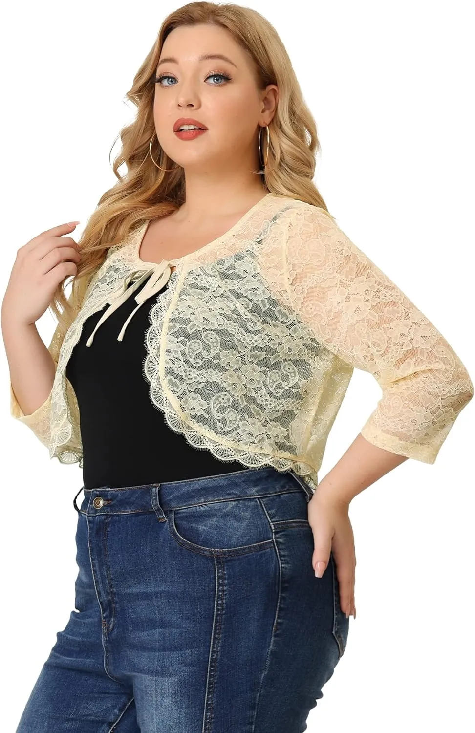 Agnes Orinda Bolero Cardigan for Women's Plus Size Office Tie Front Crop Floral Sheer Lace Shrug