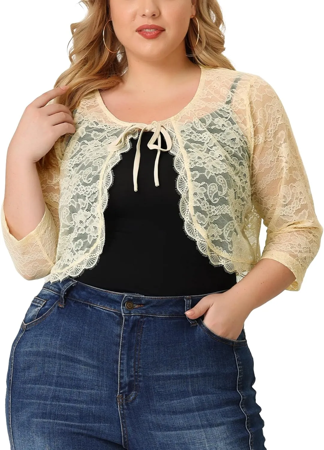Agnes Orinda Bolero Cardigan for Women's Plus Size Office Tie Front Crop Floral Sheer Lace Shrug