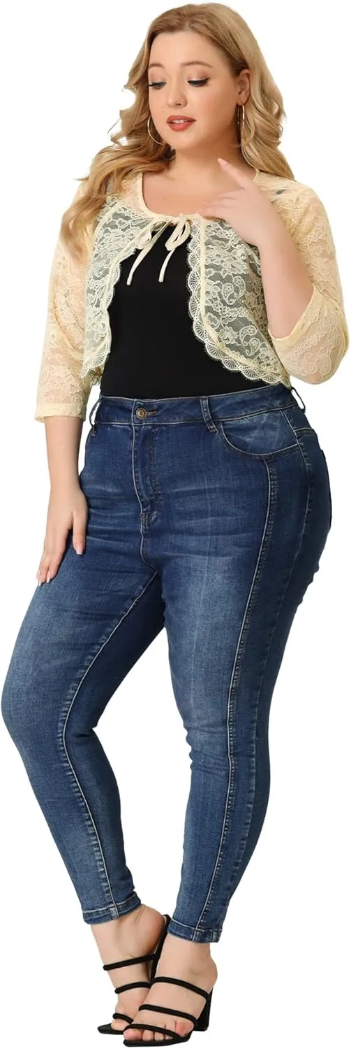 Agnes Orinda Bolero Cardigan for Women's Plus Size Office Tie Front Crop Floral Sheer Lace Shrug