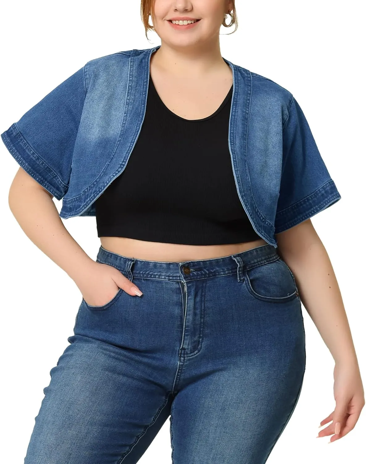 Agnes Orinda Plus Size Denim Jackets for Women Cardigan Casual Short Crop Jean Jacket Shrug 2024