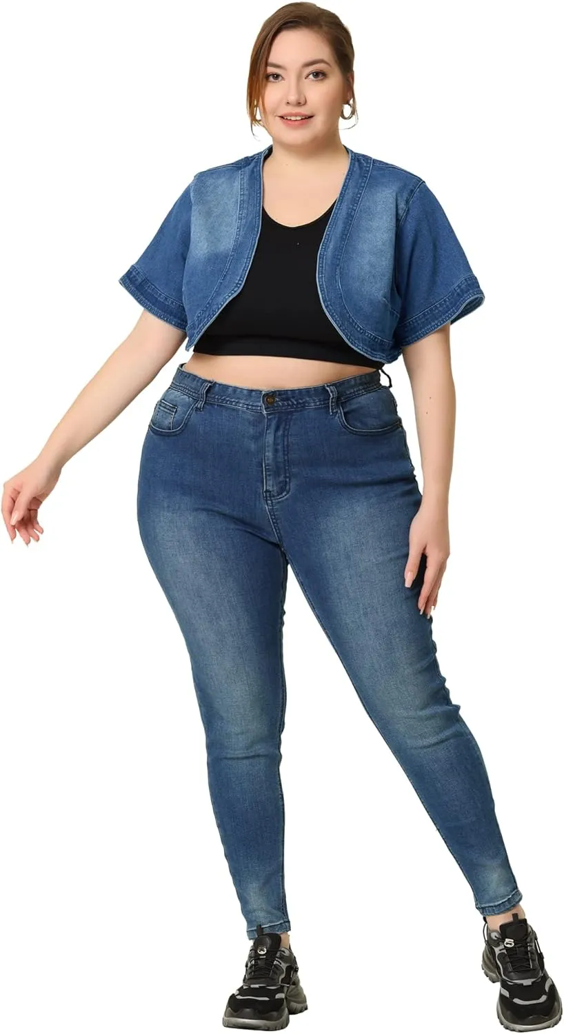 Agnes Orinda Plus Size Denim Jackets for Women Cardigan Casual Short Crop Jean Jacket Shrug 2024