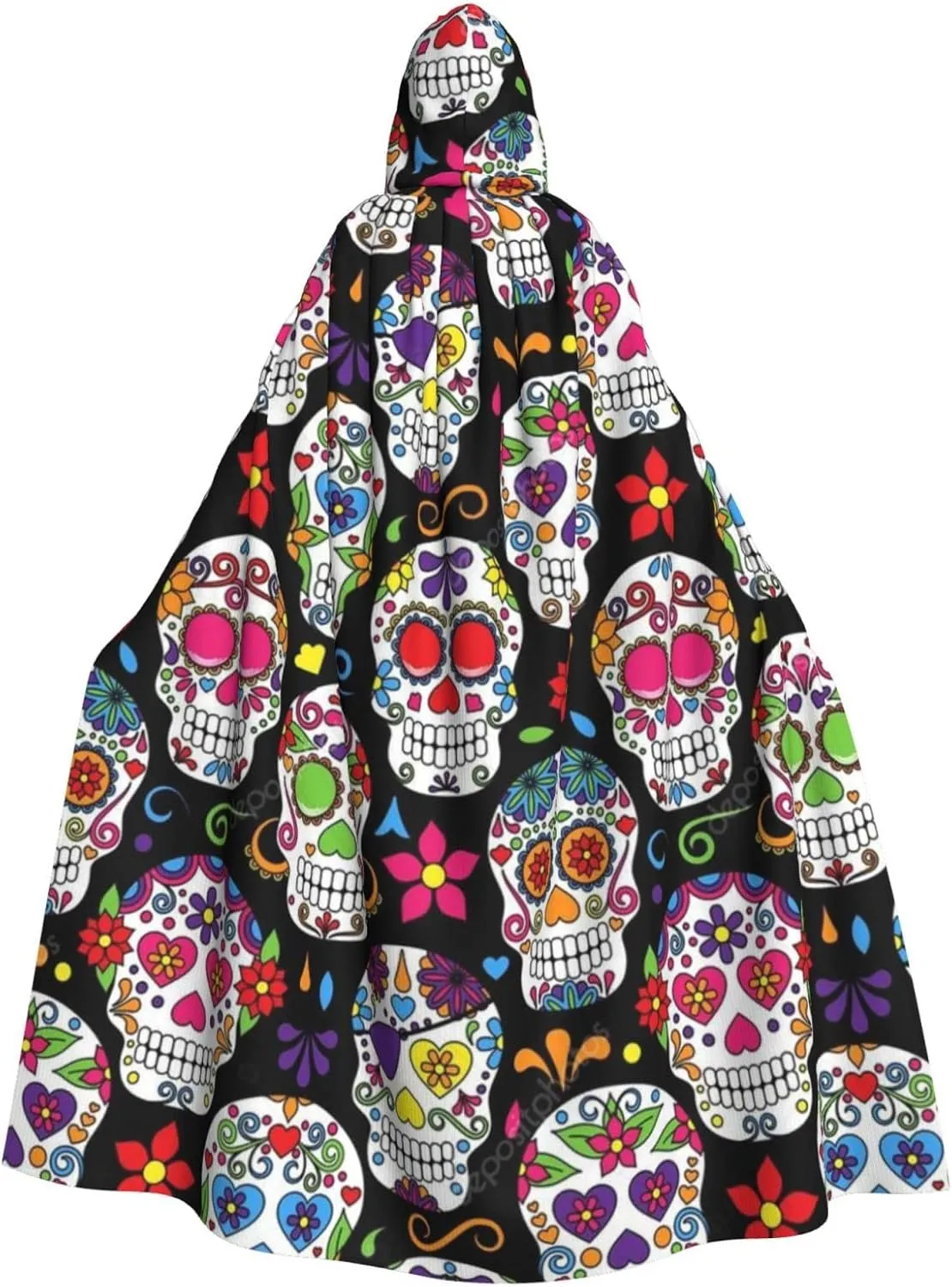 Aiyoolee Women Men Hooded Cloak Day Of The Dead Sugar Skull, Long Fabric Cape with Hood for Cosplay Costumes Christmas Halloween