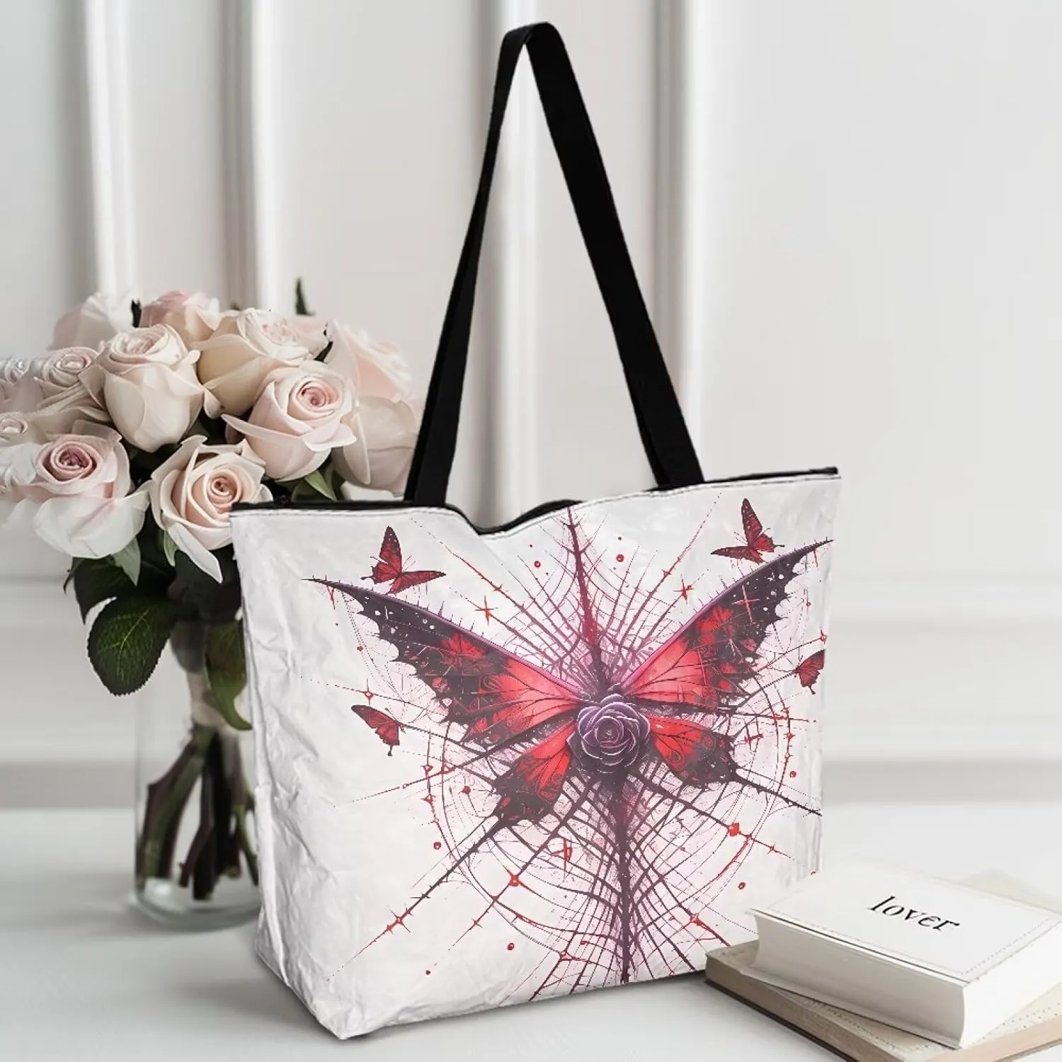 American Flag 14'' Tote Paper Bag for Women Shoulder Tote Bags, Cute Cat Animal Commute Bag, Lemon Fruit Handbag
