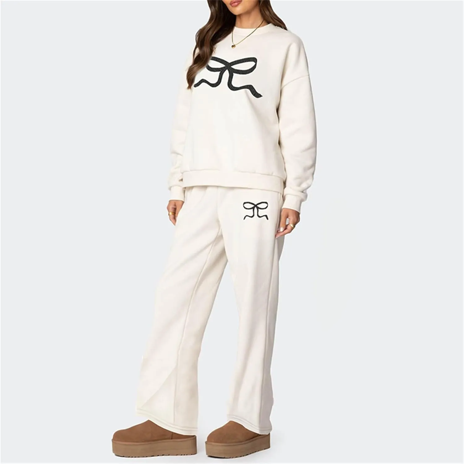 Amiblvowa 2 Piece Lounge Sets for Women Bow Sweatsuits Teens Girl Bow Print Oversize Sweatshirt Hoodie Matching Pants Outfit
