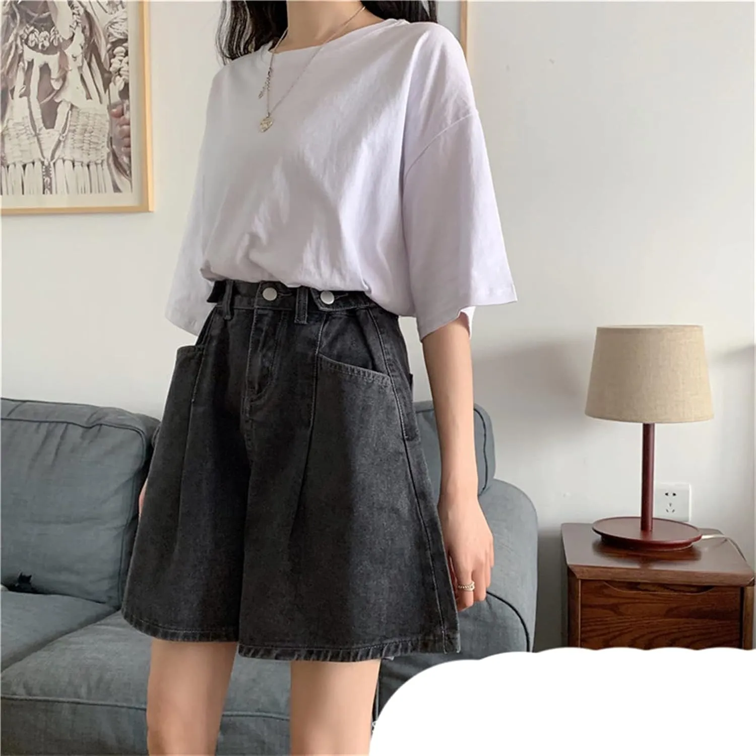 Andongnywell Women's High Waist Denim Shorts Hem Wide Leg Casual Jean Wide-Leg Short Trousers with Pockets