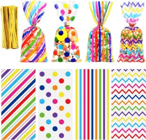 Aneco 100 Pack Rainbow Cellophane Bags 10.6 x 5.1 Inch Plastic Candy Bags Gift Bags Goodie Bags with Twist Ties for Valentine, Birthday, Gift Cookie Snack Packing Party Favor Supplies