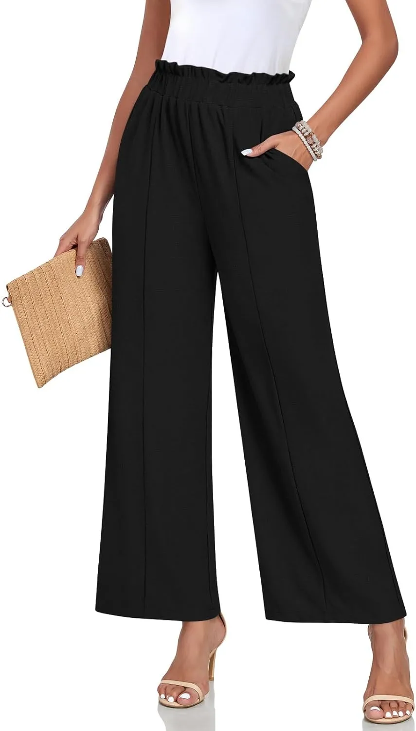 Anyally Womens Loose Wide Leg Pants Business Casual Elastic Waisted Palazzo Harem Pants with Pockets Work Trousers