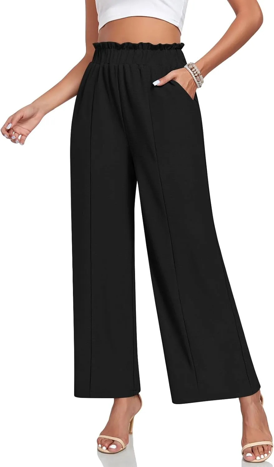 Anyally Womens Loose Wide Leg Pants Business Casual Elastic Waisted Palazzo Harem Pants with Pockets Work Trousers