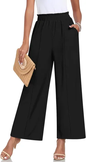 Anyally Womens Loose Wide Leg Pants Business Casual Elastic Waisted Palazzo Harem Pants with Pockets Work Trousers