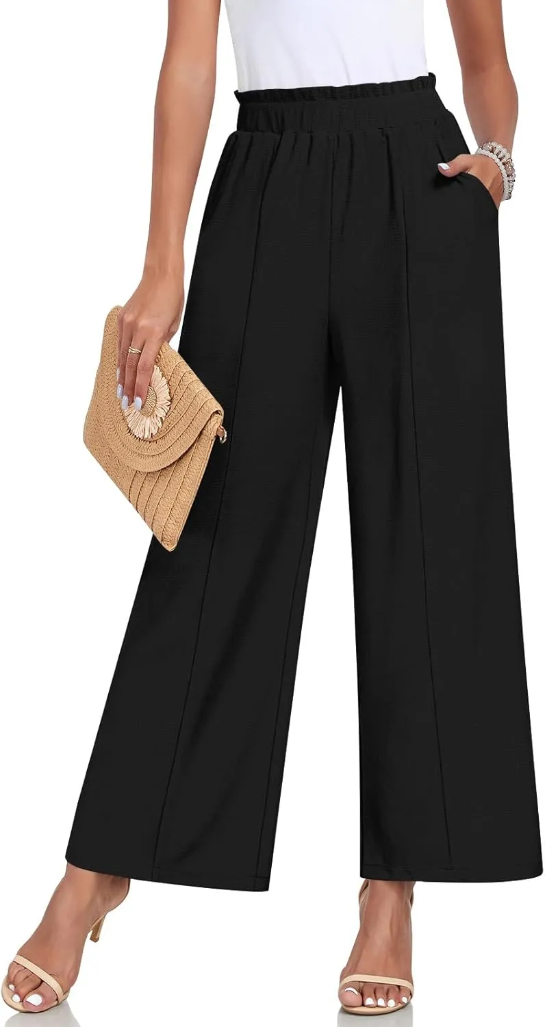 Anyally Womens Loose Wide Leg Pants Business Casual Elastic Waisted Palazzo Harem Pants with Pockets Work Trousers