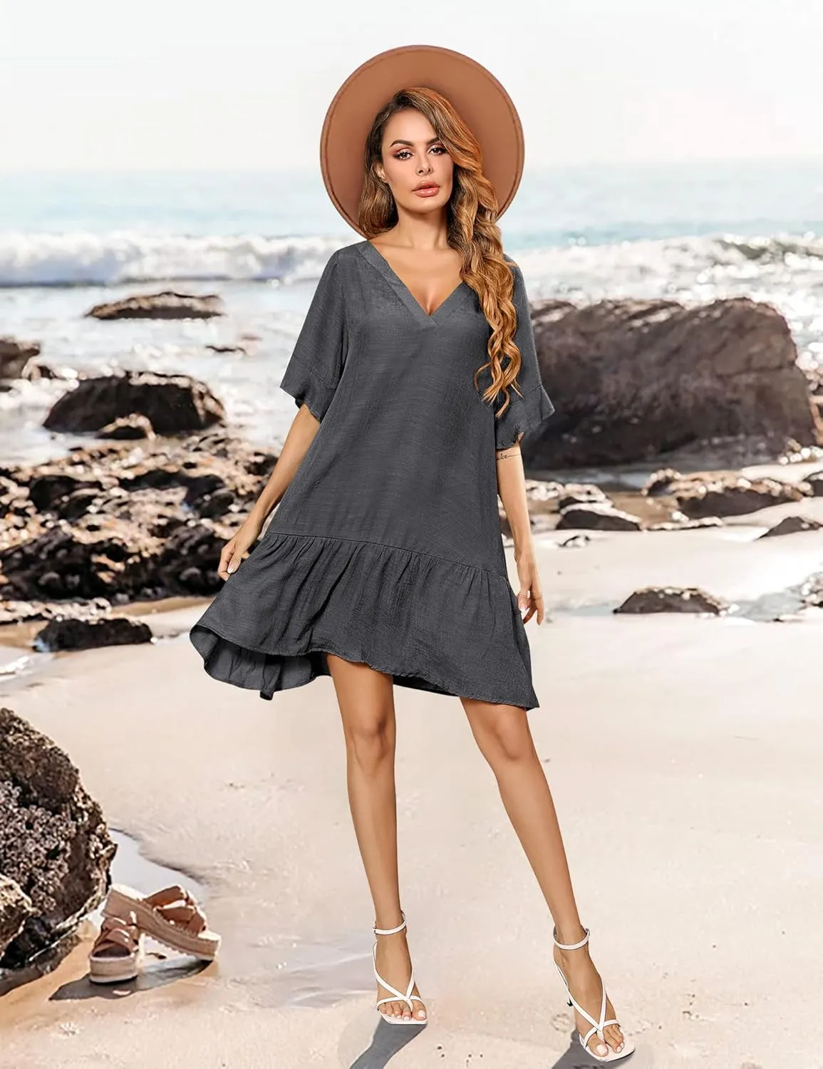 Aoulaydo Womens Swimsuit Coverups Sexy V Neck Bathing Suit Cover Ups Casual Loose Cover Up for Swimwear