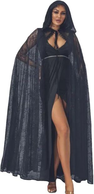 Aukmla Black Lace Hooded Cloak Long Sheer Cape Halloween Costume Cosplay Robe for Women