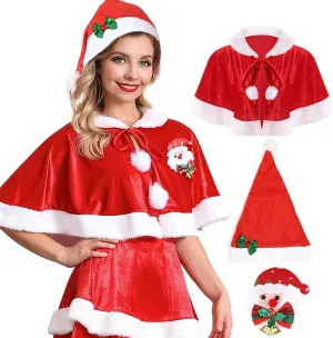 Aukmla Christmas Cloak Mrs Santa Claus Velvet Cape Costume Cosplay Shawl Wrap with Brooch Hat Sequin Bow Headband for Women