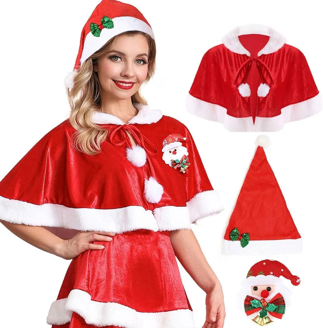 Aukmla Christmas Cloak Mrs Santa Claus Velvet Cape Costume Cosplay Shawl Wrap with Brooch Hat Sequin Bow Headband for Women
