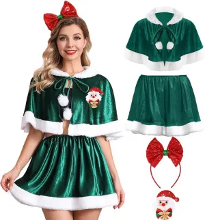 Aukmla Christmas Mrs Santa Claus Costume Set Xmas Cape and Skirt Party Cosplay Cloak Dress Accessories Sets for Women