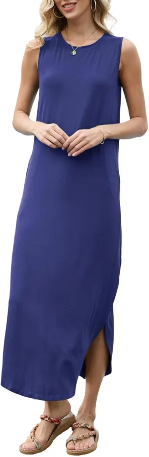 AUSELILY Women Summer Casual Sleeveless Maxi Dress with Loose Wrinkle Neck Split Design with Pockets Long Vest Dresses